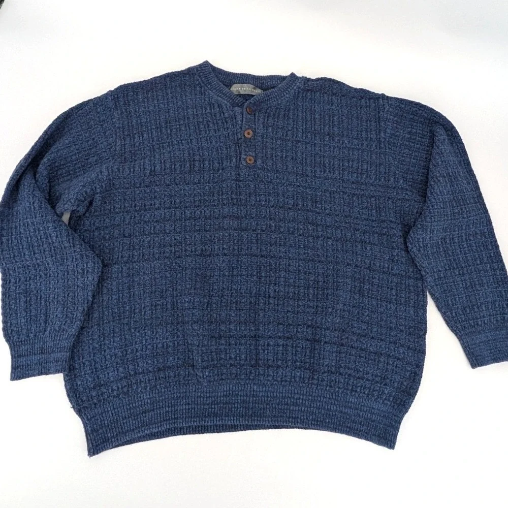 Oscar de la Renta Henley Sweater Blue Waffle Knit Cotton Blend XL